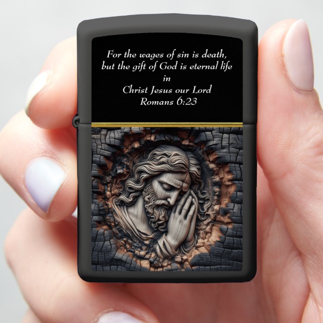 Romans 6:23 Carved Prayer in Burnt Wood Texture Zippo Lighter (In Hand)