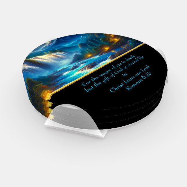  Romans 6:23 Christian Faith a waterfall  gold Coaster Set (Set)