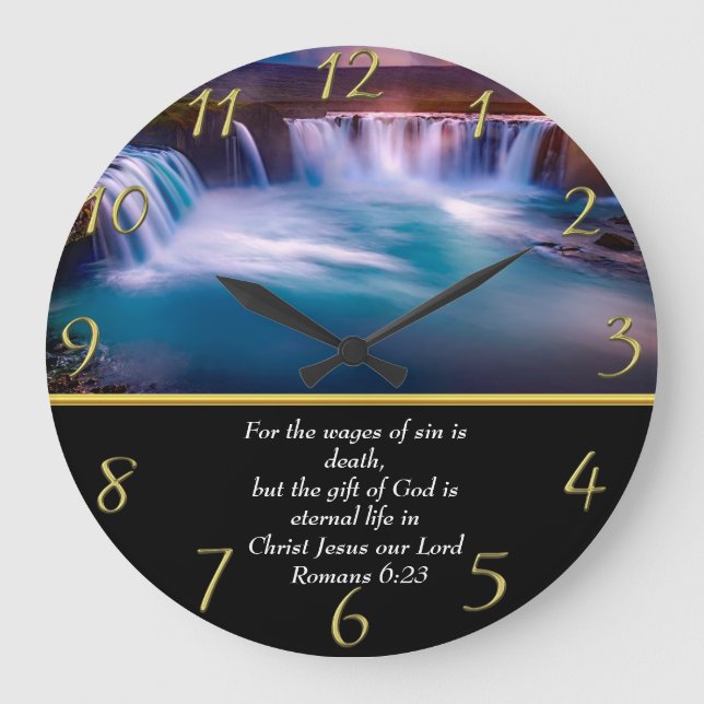  Romans 6:23 Christian Faith a waterfall  gold Large Clock (Front)