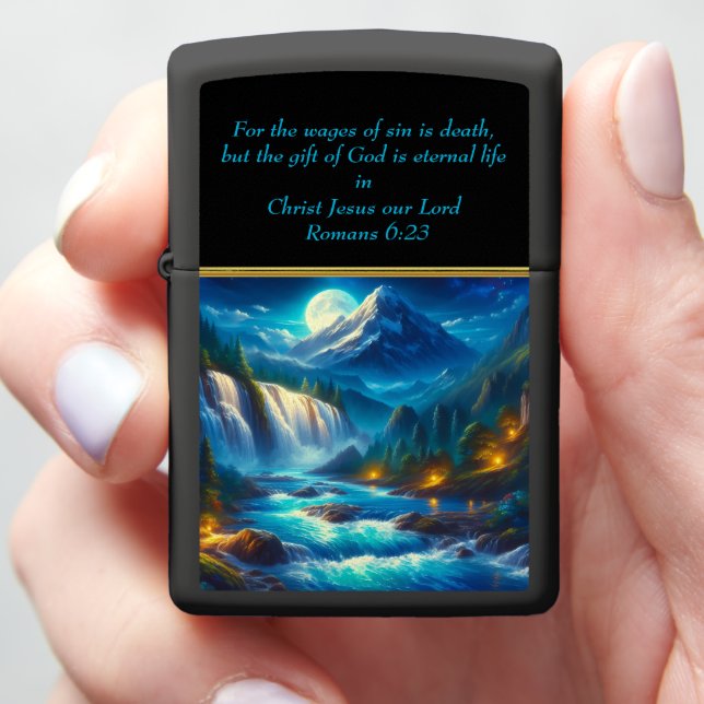  Romans 6:23 Christian Faith a waterfall  gold Zippo Lighter (In Hand)