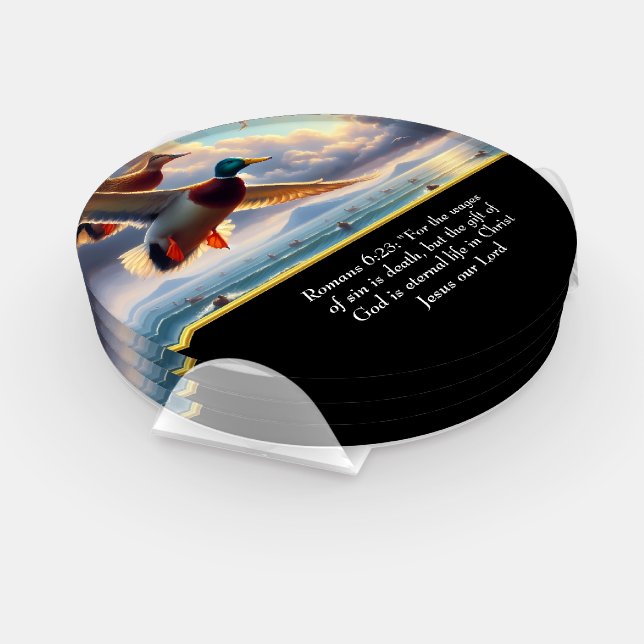   Romans 6:23 Christian Faith cross with ducks   Coaster Set (Set)