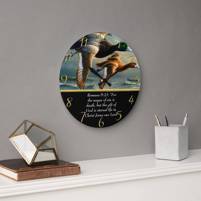   Romans 6:23 Christian Faith cross with ducks   Large Clock (Office)