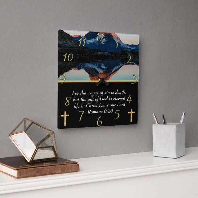 Romans 6:23 Christian Faith moutain lake  Square Wall Clock (Office)