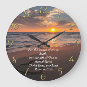 Romans 6:23 Christian Faith ocean with a sunset Large Clock