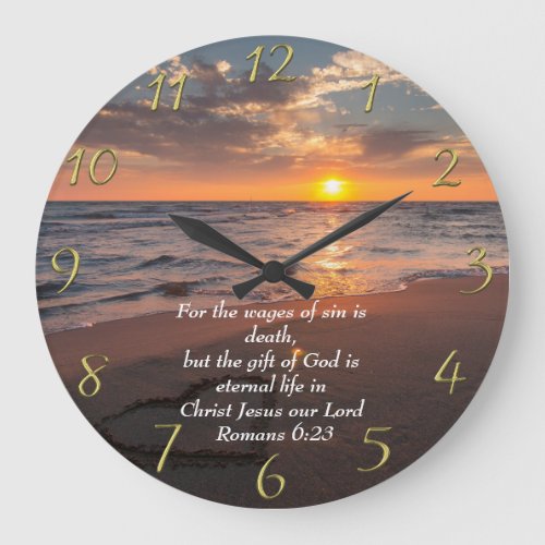  Romans 623 Christian Faith ocean with a sunset  Large Clock