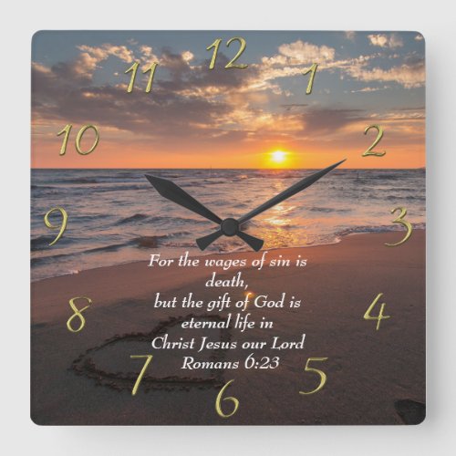  Romans 623 Christian Faith ocean with a sunset   Square Wall Clock