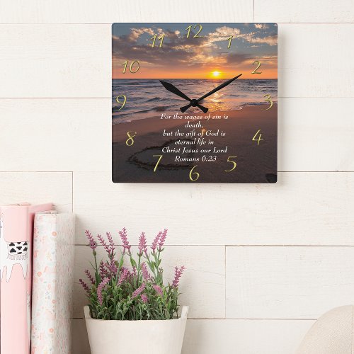  Romans 623 Christian Faith ocean with a sunset   Square Wall Clock