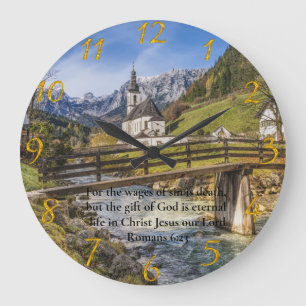 Romans 6:23 church near the moutain with river   large clock
