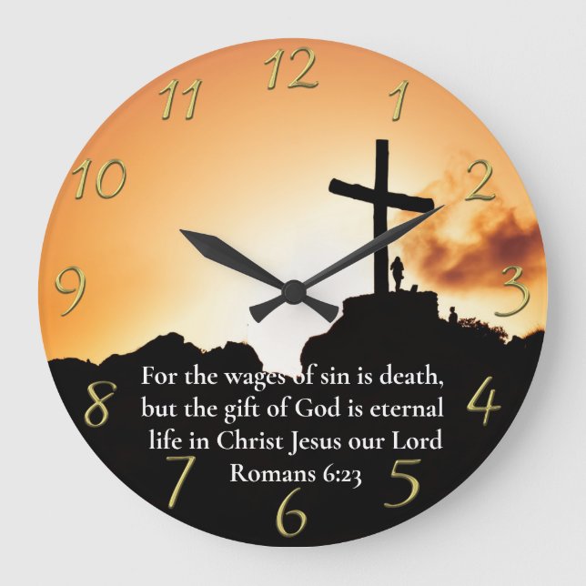Romans 6:23 cross on a mountain  gold large clock (Front)