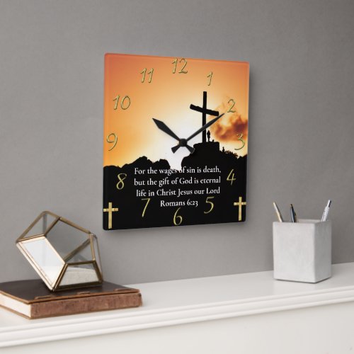 Romans 623 cross on a mountain  square wall clock