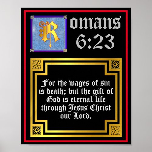 Romans 6 23 Gold Illuminated Letter Bible Quote Poster