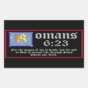Romans 6:23 Gold Illuminated Letter Bible Verse Rectangular Sticker