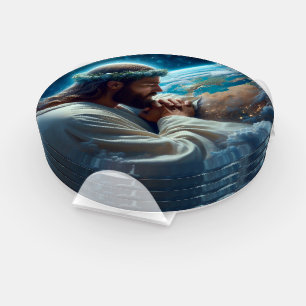 Romans 6:23 hand holding cross  gold coaster set