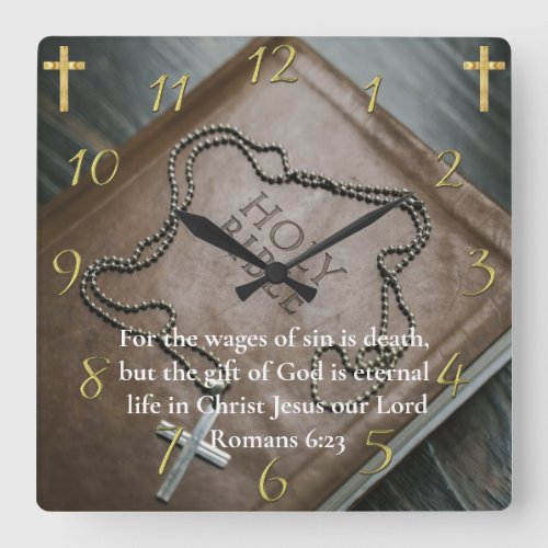 Romans 623 Holy Bible with silver cross on it  Square Wall Clock