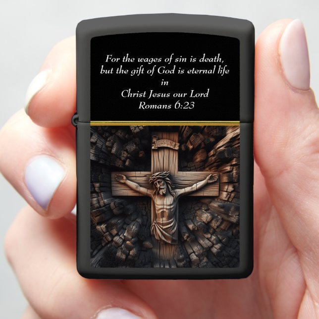  Romans 6:23 Intricate Wood Carving of a Crucifix Zippo Lighter (In Hand)