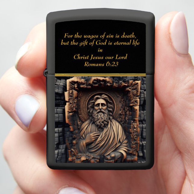 Romans 6:23 Jesus Carving on Burnt Wood Zippo Lighter (In Hand)