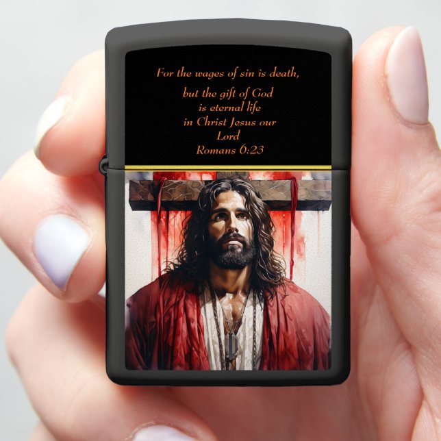 Romans 6:23  Jesus on the cross  Zippo Lighter (In Hand)