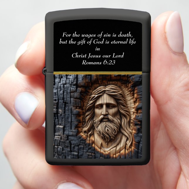 Romans 6:23 Rustic Burnt Wood Carving Zippo Lighter (In Hand)