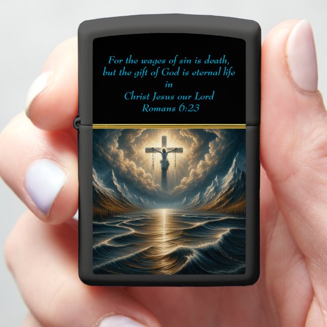  Romans 6:23 Savior Above Roaring Waters Zippo Lighter (In Hand)