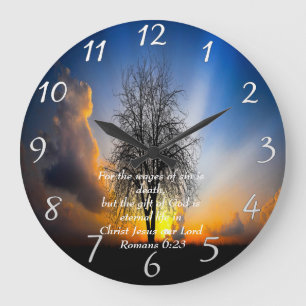 Romans 6:23 tree in a field with blue sky Large Clock