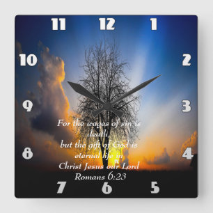 Romans 6:23 tree in a field with blue sky Square Wall Clock