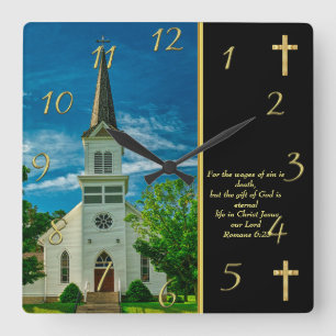 Romans 6:23  White Church   Square Wall Clock