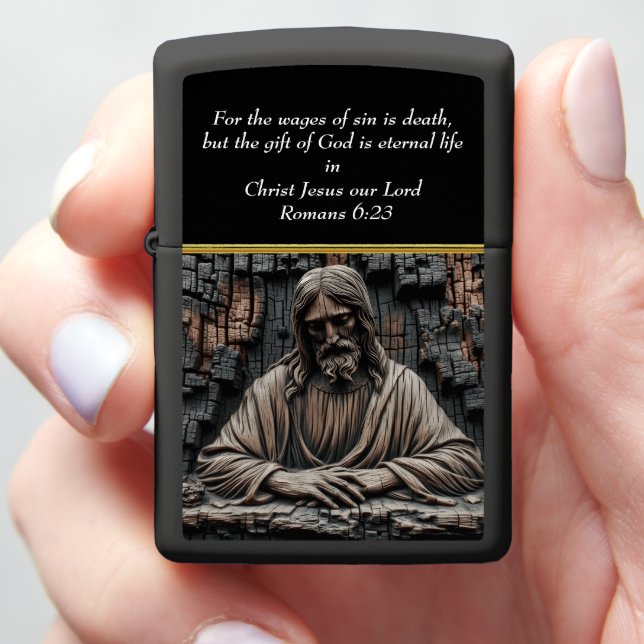  Romans 6:23 Woodburn Figure Carving Zippo Lighter (In Hand)