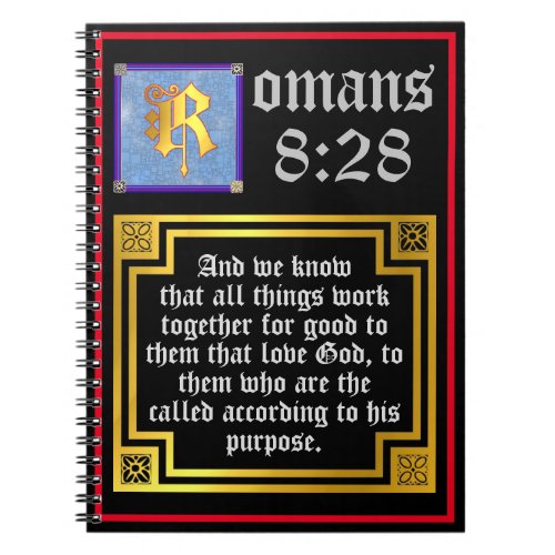 Romans 828 Gold Illuminated Letter KJV Bible Verse Notebook