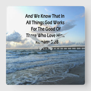 ROMANS 8:28 BLUE SKIES SCRIPTURE VERSE SQUARE WALL CLOCK