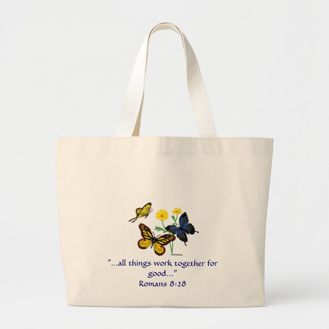 Romans 8:28 Butterflies Large Tote Bag (Front)