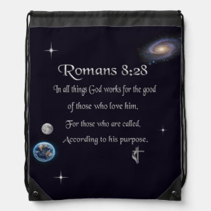 Romans 8:28 Christian Bible verse Drawstring Bag