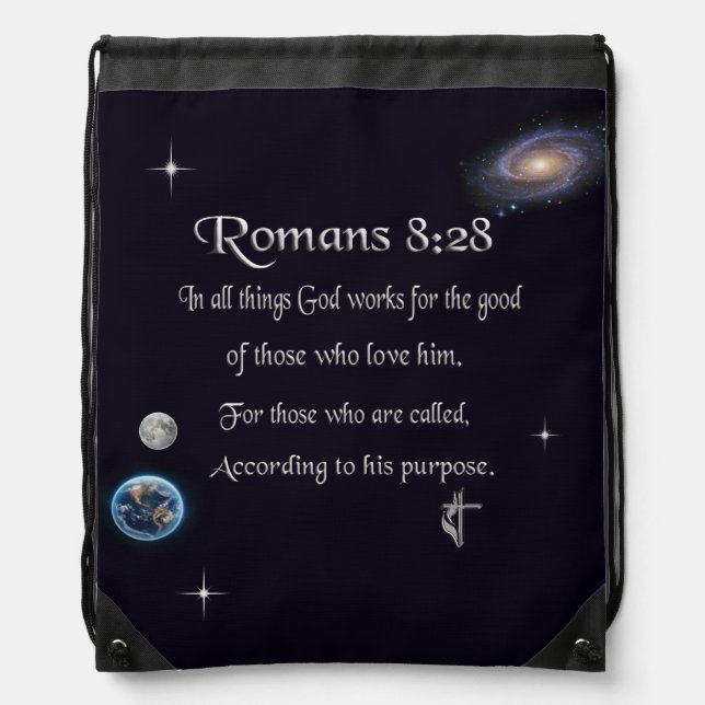 Romans 8:28 Christian Bible verse Drawstring Bag (Front)
