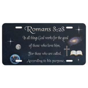 Romans 8:28 Christian Bible verse License Plate