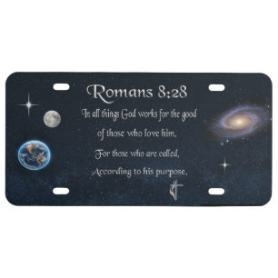 Romans 8:28 Christian Bible verse License Plate