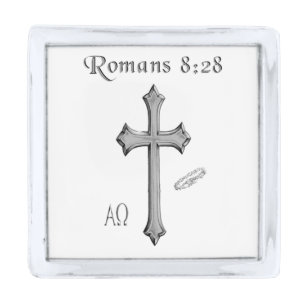 Romans 8:28 Christian Bible verse Silver Finish Lapel Pin