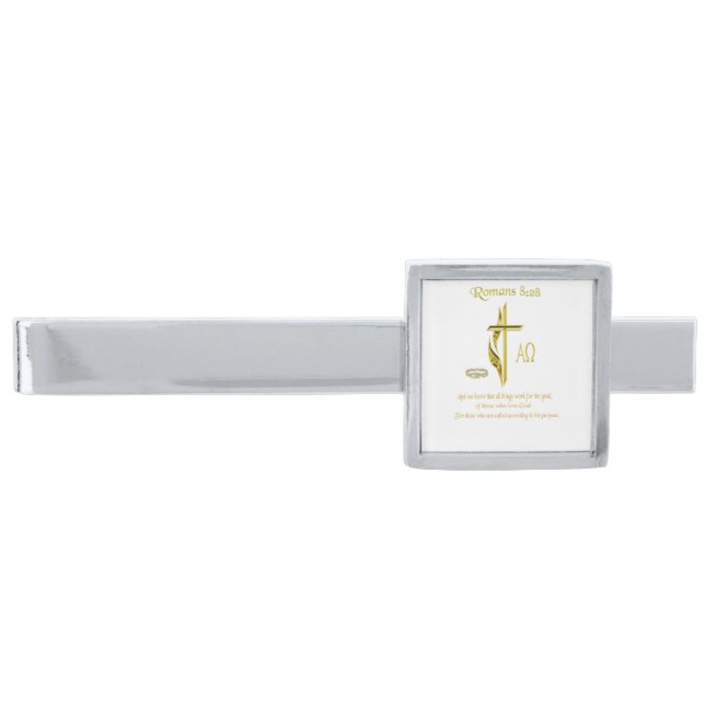 Romans 8:28 Christian gifts Silver Finish Tie Clip (Front)