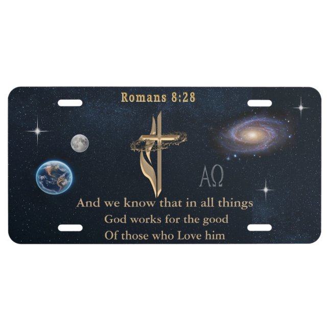 Romans 8:28 Christian  License Plate (Front)