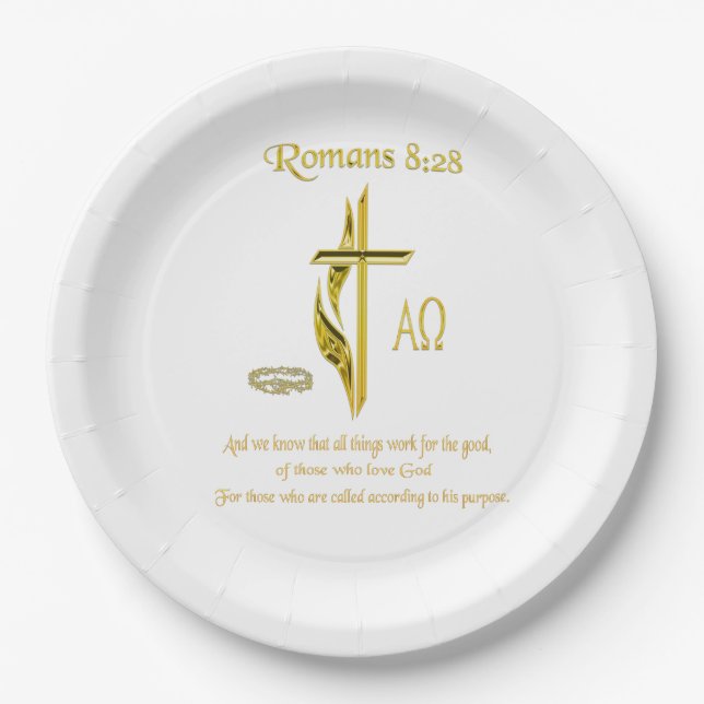 Romans 8:28 Christian merchandise Paper Plates (Front)
