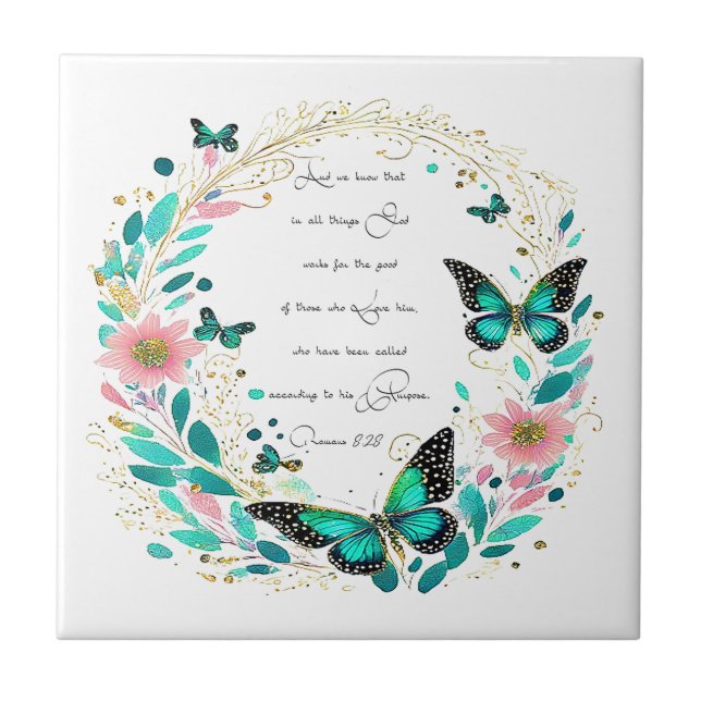 Romans 8:28 Flowers and butterflies  Ceramic Tile (Front)