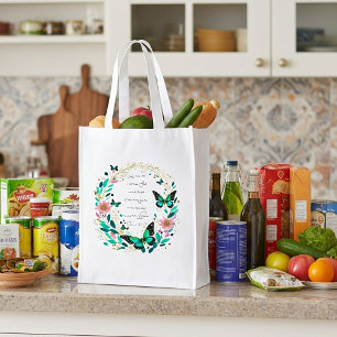 Romans 8:28 Flowers and butterflies  Grocery Bag