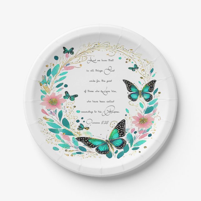 Romans 8:28 Flowers and butterflies  Paper Plates (Front)