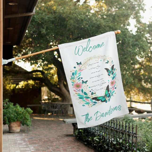 Romans 8:28 Flowers and butterflies personalized House Flag (In SItu)