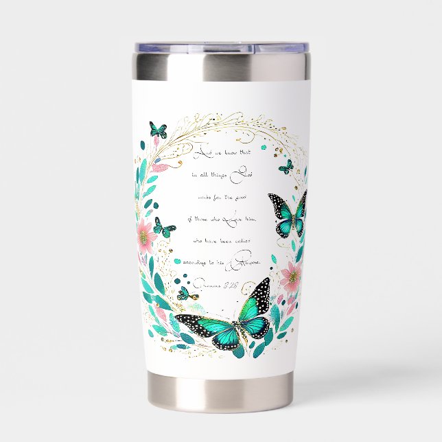 Romans 8:28 Flowers and butterflies personalized Insulated Tumbler (Front)