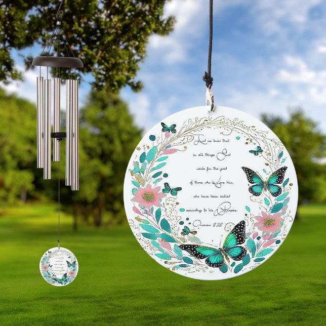 Romans 8:28 Flowers and butterflies  Wind Chime (Outdoor)
