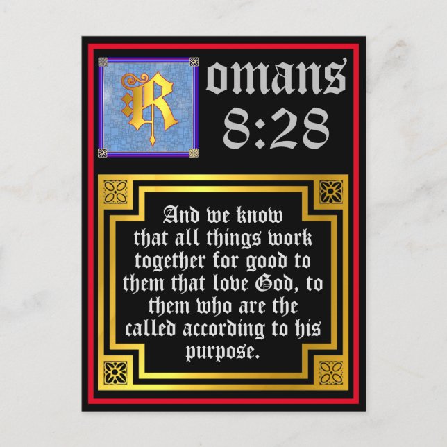Romans 8 28 Gold Illuminated Letter Bible Quote Holiday Postcard (Front)