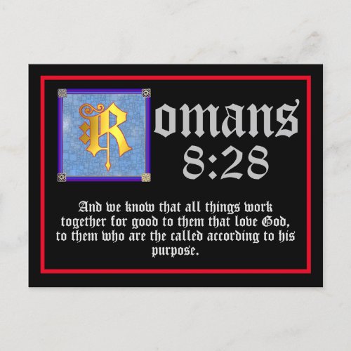 Romans 8 28 Gold Illuminated Letter Bible Quote Postcard