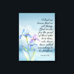 Romans 8:28 Iris Watercolor  Canvas Print<br><div class="desc">This design features the uplifting Bible verse Romans 8:28 against a soft pastel watercolor background. Delicate watercolor irises symbolize hope and renewal,  enhancing the calm atmosphere. This artwork is a beautiful reminder that everything works together for good,  making it a great addition to any peaceful space.</div>