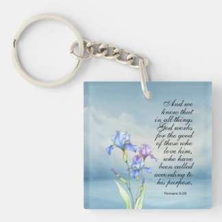 Romans 8:28 Iris Watercolor Keychain