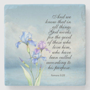 Romans 8:28 Iris Watercolor Stone Coaster