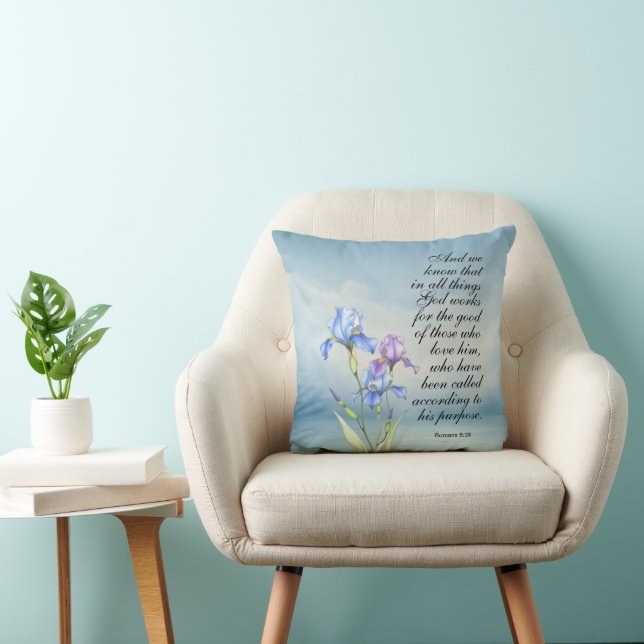 Romans 8:28 Iris Watercolor  Throw Pillow (Chair)